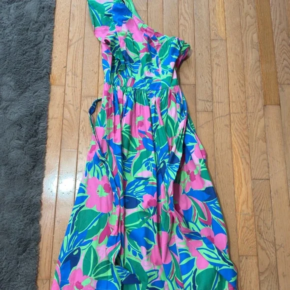 J. Crew One-Shoulder Floral Midi Dress in Pink, Green & Blue - Picture 3 of 4